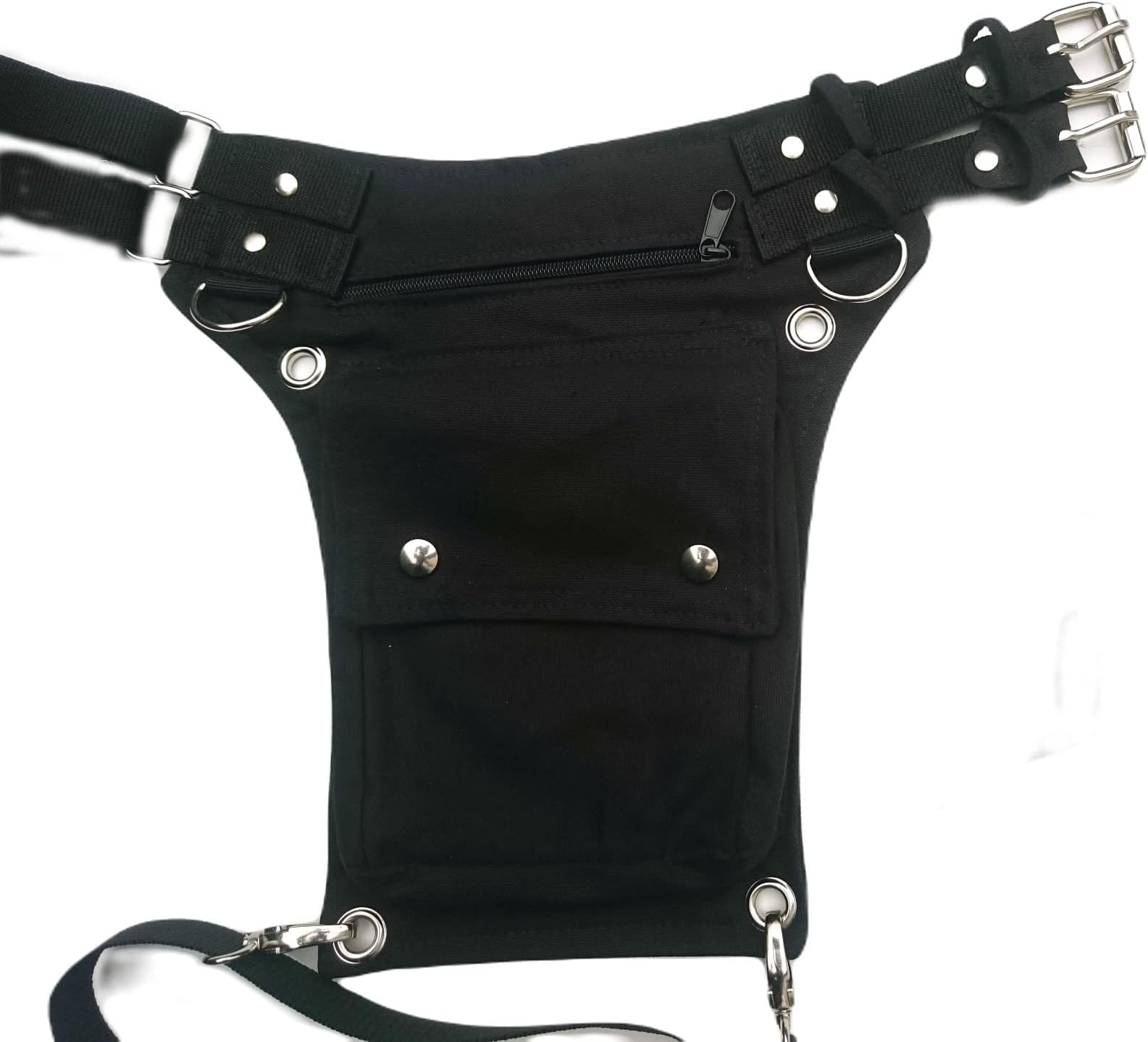 Black canvas utility belt with removable leg strap, square flap and 2 inch wide waist strap with metal buckle