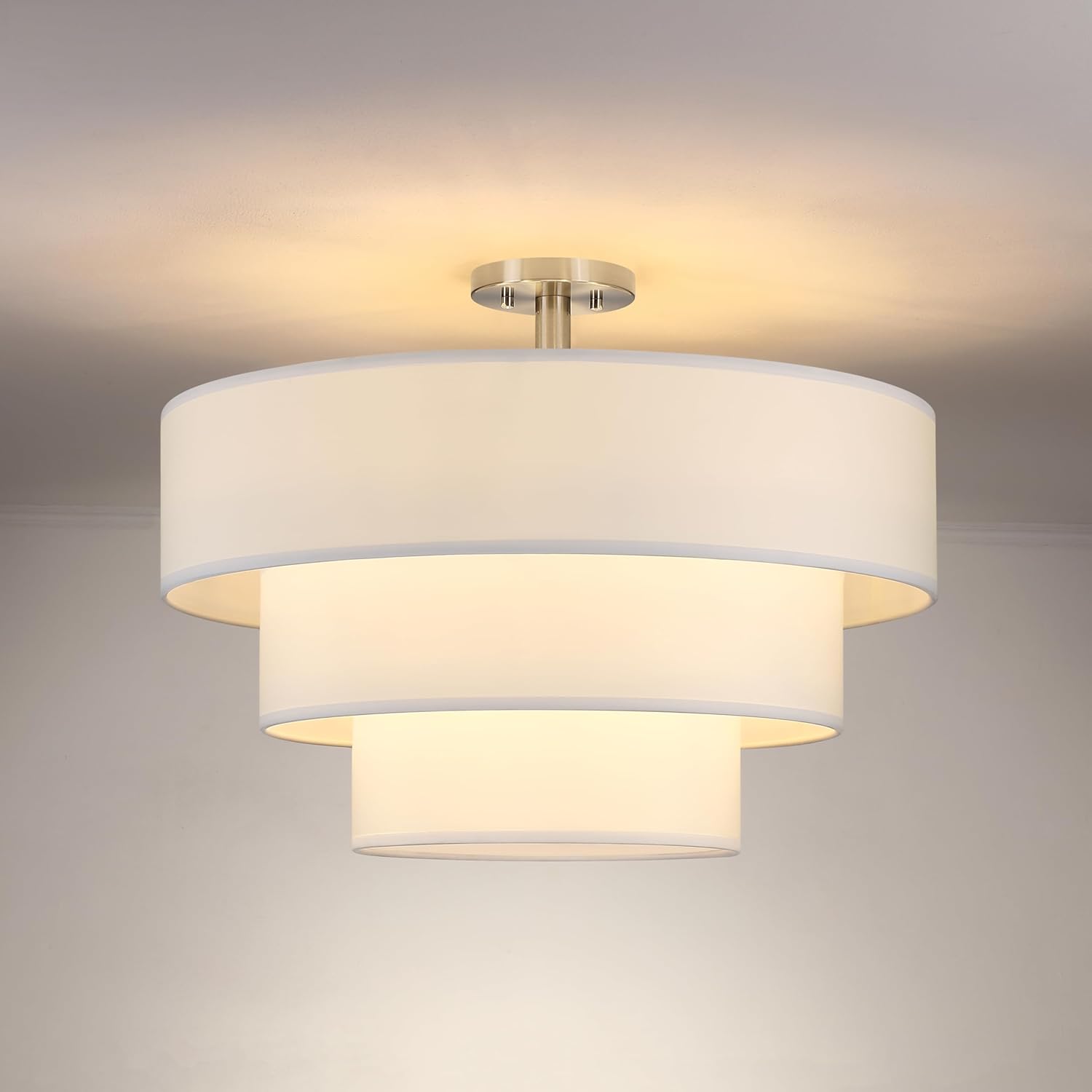 Doraimi Lighting 3 Tier Milky Apricot Linen Drum Fabric Semi Flush Mount Light Modern Farmhouse Decor 7 Light 24 Inch Black Finish for Kitchen Living Room Dining Room Corridor Hallway