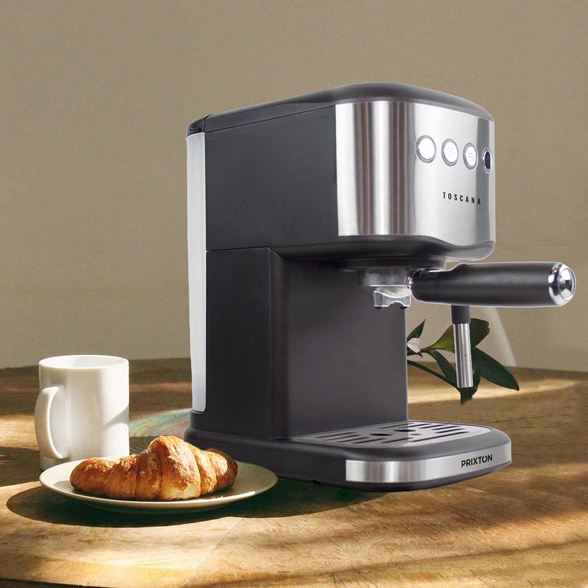 PRIXTON Cafetera Automática Toscana para café Expresso y Adaptador para Cápsulas, Bomba Italiana 850W y 20 Bares de Presión, Vaporizador