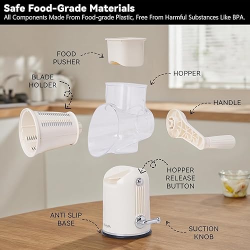 Miniatura 3 de Rallador de queso giratorio 5 en 1, rebanador de verduras con asa, rallador de queso de manivela mejorado con mango y base de succión fuerte,