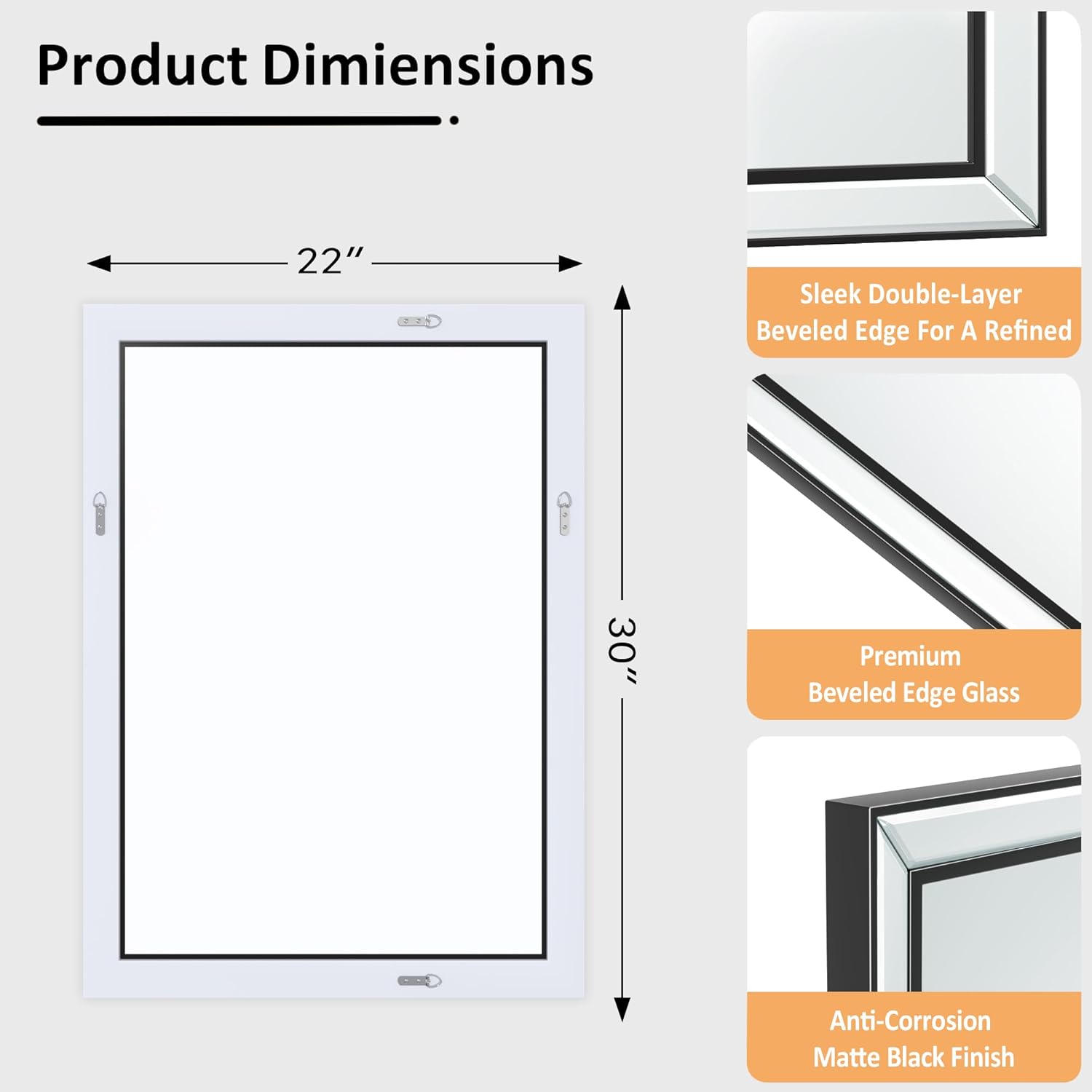 30X22 Inch Black Bathroom Mirror with Double Layer Beveled Edge, Framed Rectangular Vanity Wall Bathroom Mirrors for Over Sink, Bedroom, Living Room, and Hotel, Anti-Corrosion & Easy to Install