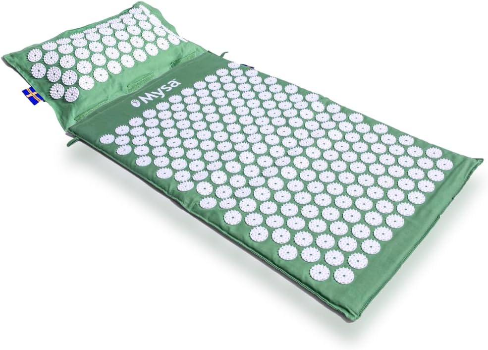 Thermo Mysa: Longest Acupressure Mat with Thermo Pillow - 100% Eco Natural Fiber Padding - Unisex, Large, Green