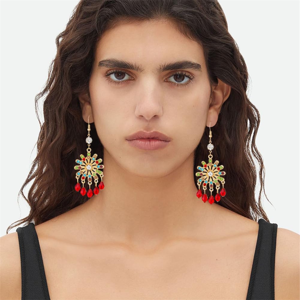 Vintage Ethnic Style Colorful Crystal Flower Lightweight Dangle Drop Earrings Bohemian Petals Tassels Teardrop Floral Earrings for Women - Image 5