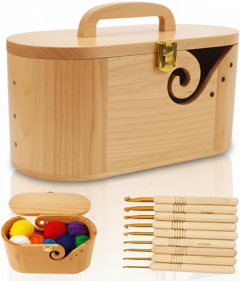 Portable Oval Wooden Yarn Bowl - with Lid, Lock & Handle, 9 Knitting Hooks Set, Perfect Organizer for Threads & Knitting Supplies