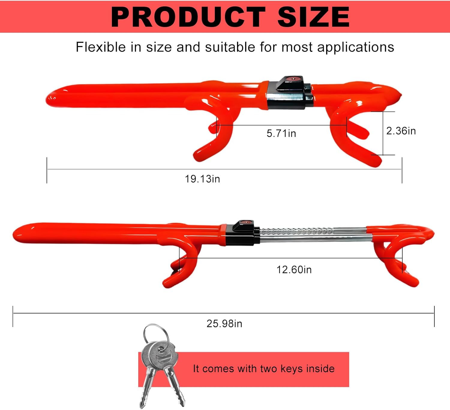 Steering Wheel Lock, Heavy Duty Anti-Theft Car Device Wheel Lock with 2 Keys, Adjustable Steering Wheel Locking Gear Great Deterrent for Vehicle Security, Car Accessories (Red)