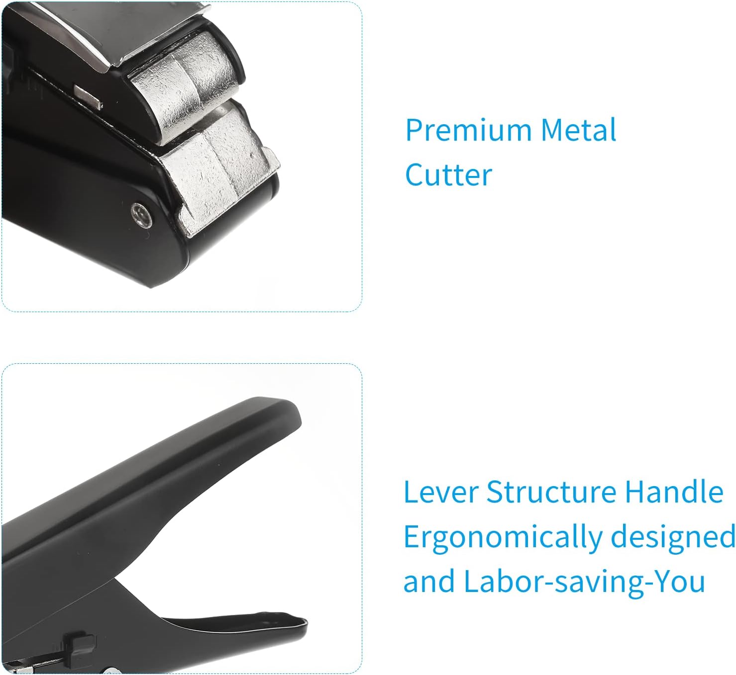 Close-up of the KW-triO slot punch's premium metal cutter and ergonomic lever structure handle