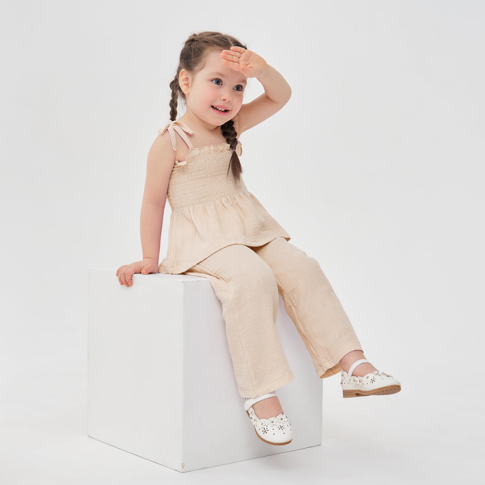 Miipat Baby Kleidung Set Mädchen Musselin Sommer Tops und Hosen Outfits | Ärmellos Musselin Suspender und Hosen Set Atmungsaktives 2tlg Babyset Sommer Einfarbig Baumwolle leinen Baby Outfit Mädchen