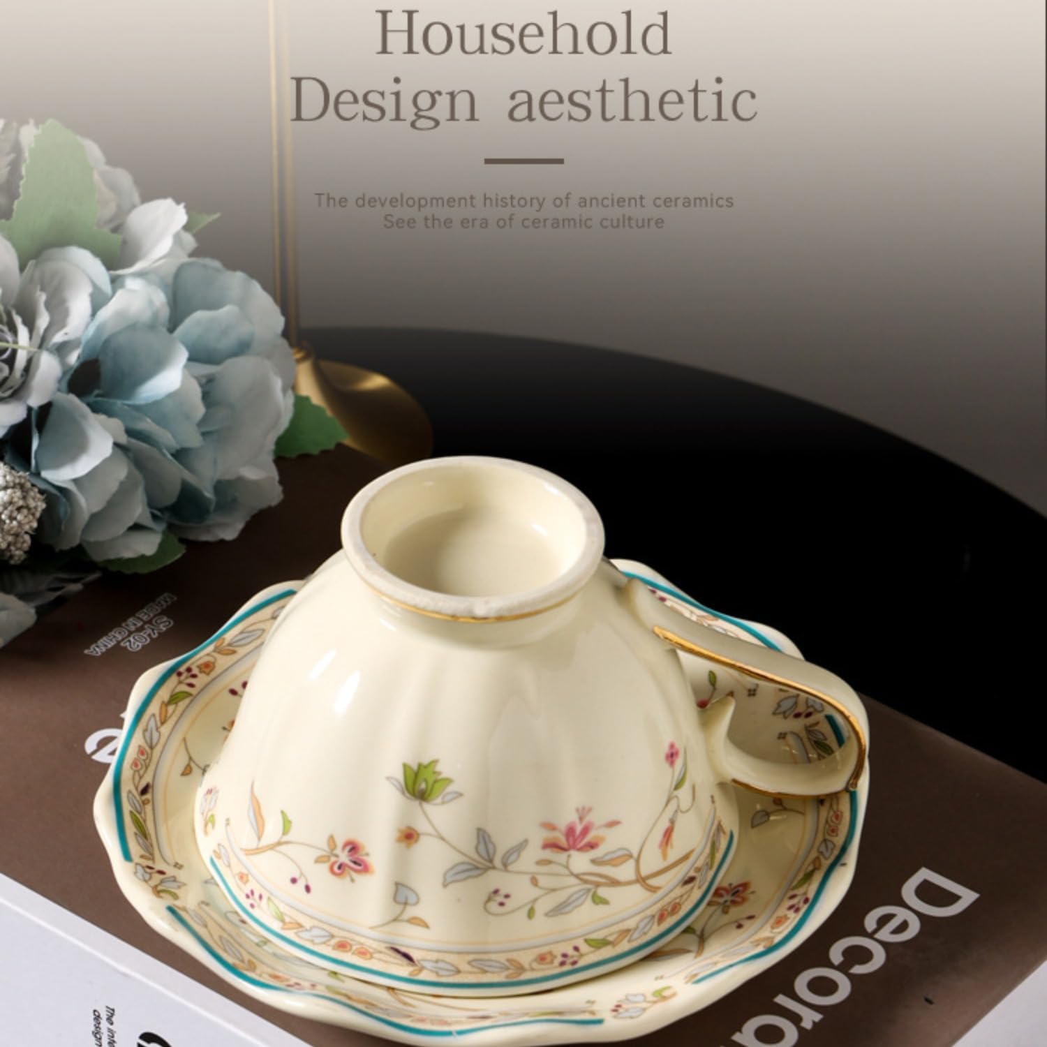 8 oz Vintage flower Ceramic cup and 6" saucer set with Brand customized stainless steel spoon Gifts for Afternoon Tea Coffee Hour (A) - Image 9