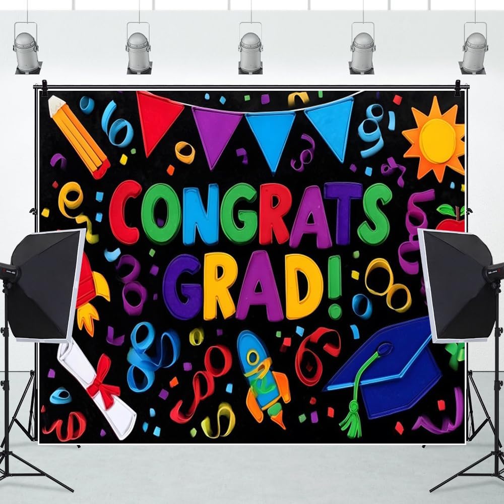 Graduation Backdrop 10x8ft Colorful Congrats Grad Photo Backdrop for Kindergarten Preschool Elementary Class of 2026 Photography Background for Graduation Party Decorations School Supplies