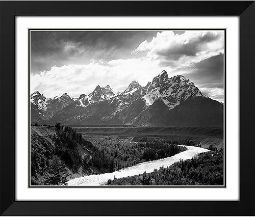 Miniatura 5 de Adams, Ansel 34x28 Large Black Ornate Framed Canvas Art Print Titled View from River Valley Towards Snow Covered Mountains, River in Foreground,