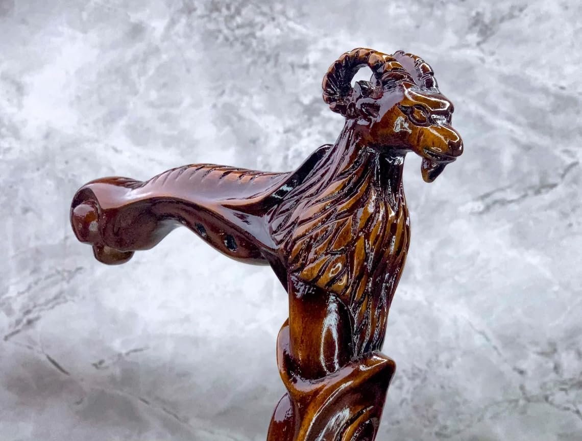 Wooden Goat Engraved Hand carved Cane - Premium Wood Carved Walking Stick Cane With Ergonomic Palm Grip Handle - 36" Brown Handmade Elegant Carved Walking Stick For Men Women