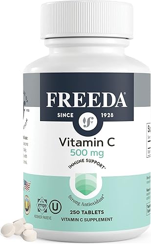 FREEDA Vitamina C vegana de 500 mg  Apoyo inmunológico Kosher y antioxidante  Ayuda a mantener la piel y el cabello saludables, apoya la absorción