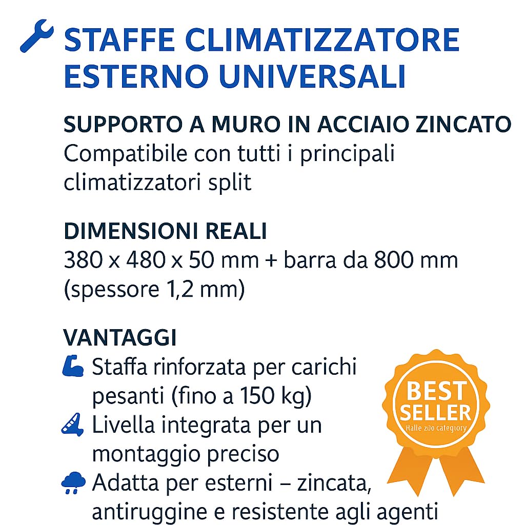 Bratek Staffa Universale per Condizionatore Split Zincata Bianca con Livella 150 kg Regolabile 24000 Btu