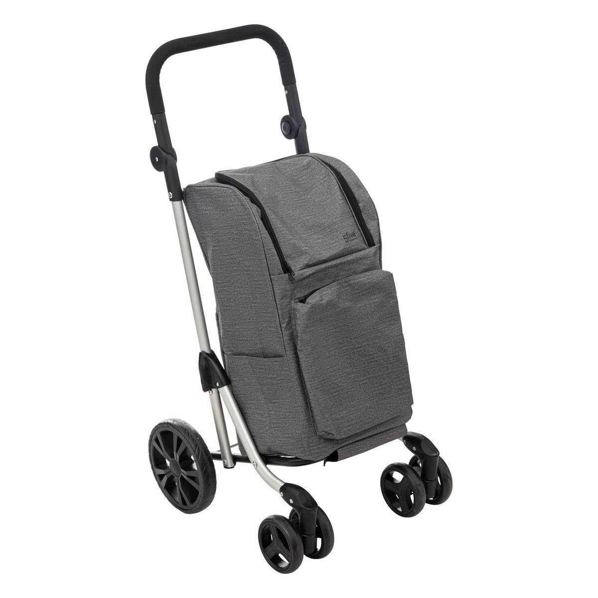 5five - Carrello pieghevole a 4 ruote, grigio, 46L - Maniglia regolabile - Tasche con cerniera - Scomparto per alimenti freschi - Leggero - Shopping e mercato - Attività all'aperto