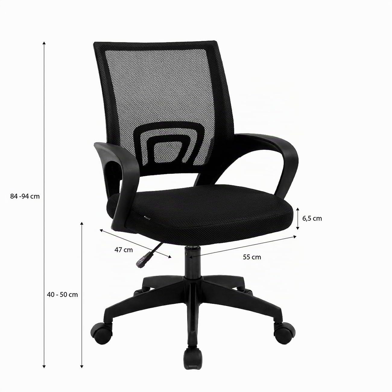 duehome | Silla de Escritorio Ergonómica con Respaldo Transpirable, Altura Regulable, Ruedas 360°, Modelo Nika, Acabado en Color Negro, Medidas: 55 cm (Ancho) x 47 cm (Largo) x 84-94 cm (Alto)