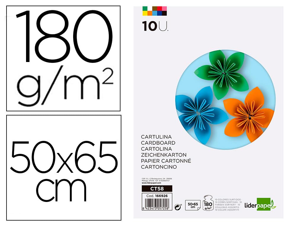 Liderpapel Card 50 x 65 cm 180 g/m2 10 Assorted Colours Pack of 10 Sheets