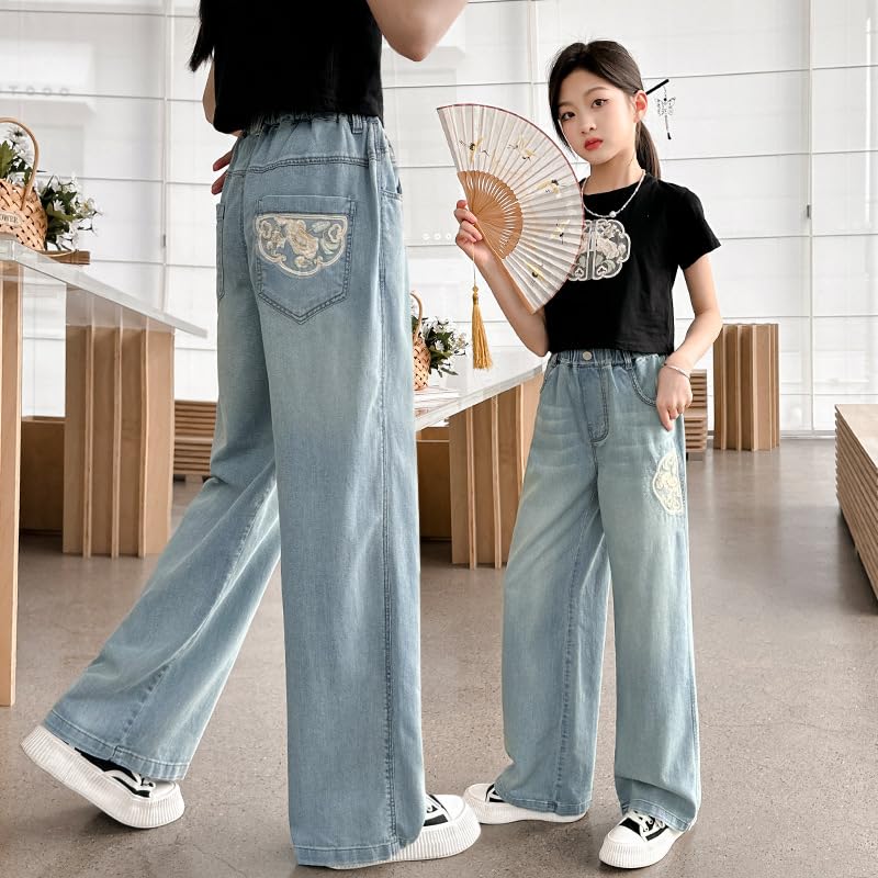 Girls Wide Leg Jeans Kids Baggy Elastic Waist Casual Ice Cool Denim Pants with Pockets3