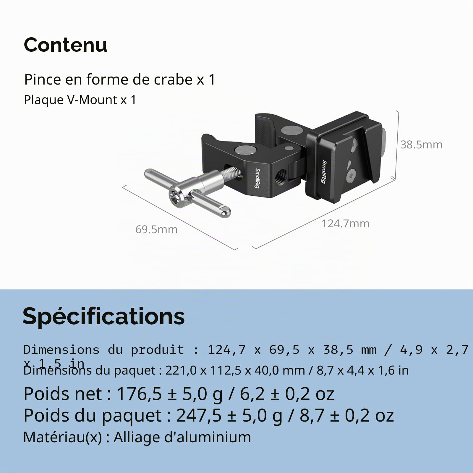 SMALLRIG Pince en V en forme de crabe pour piles, 15-40 mm, pince antidérapante | Charge maximale de 1,5 kg pour trépieds, pieds d'éclairage, anneaux portatifs