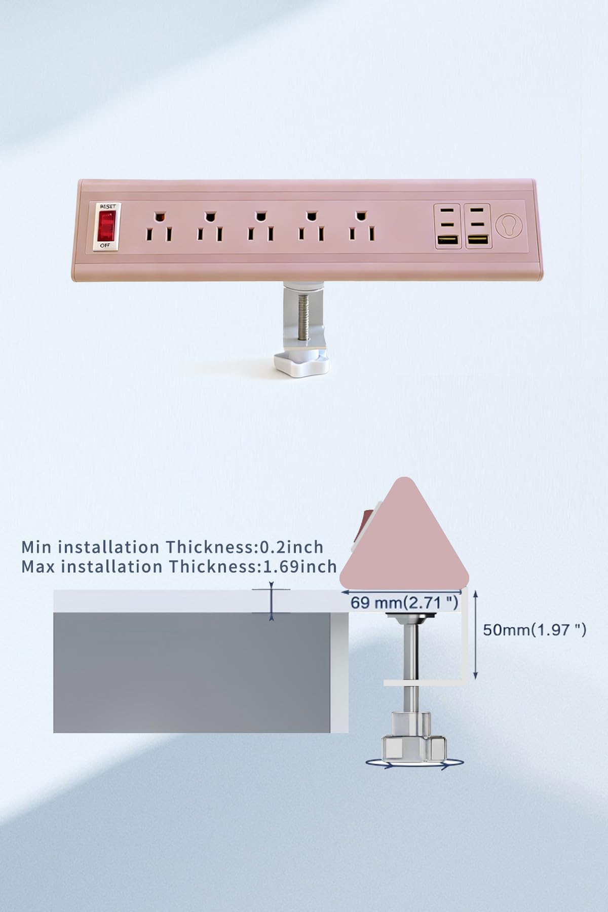 Multiprise à pince pour ordinateur avec veilleuse, charge rapide de 40 W, rallonge de 1,8 m, 4 ports USB-C de 20 W et 2 ports USB, 5 prises AC, s'adapte aux bords de