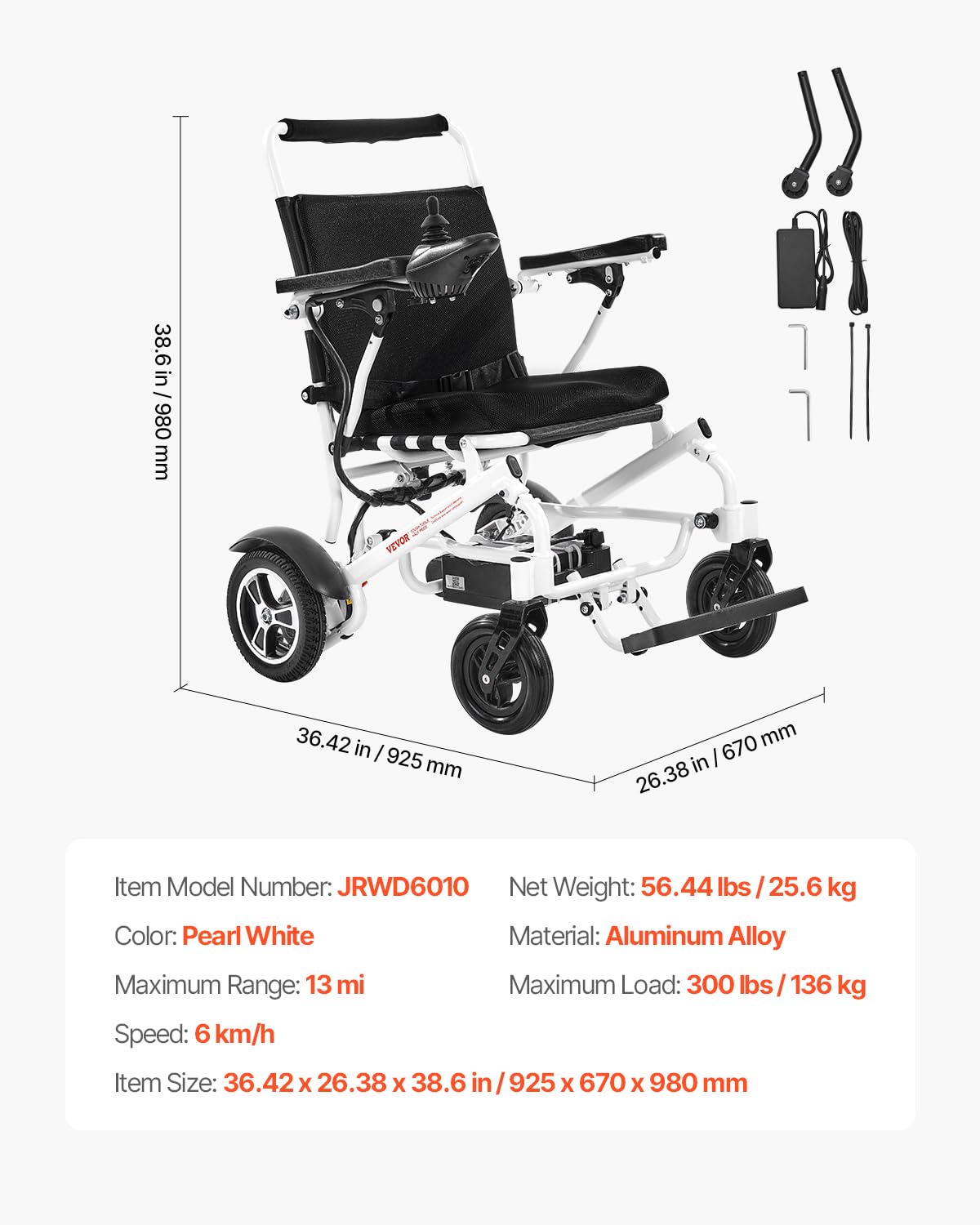VEVOR Silla de Ruedas Eléctrica para Adultos Capacidad de 136 kg Plegable Ligera Motorizada Autonomía de 21 km Asiento de 53 cm Todoterreno Portátil para Personas Mayores, Discapacitadas