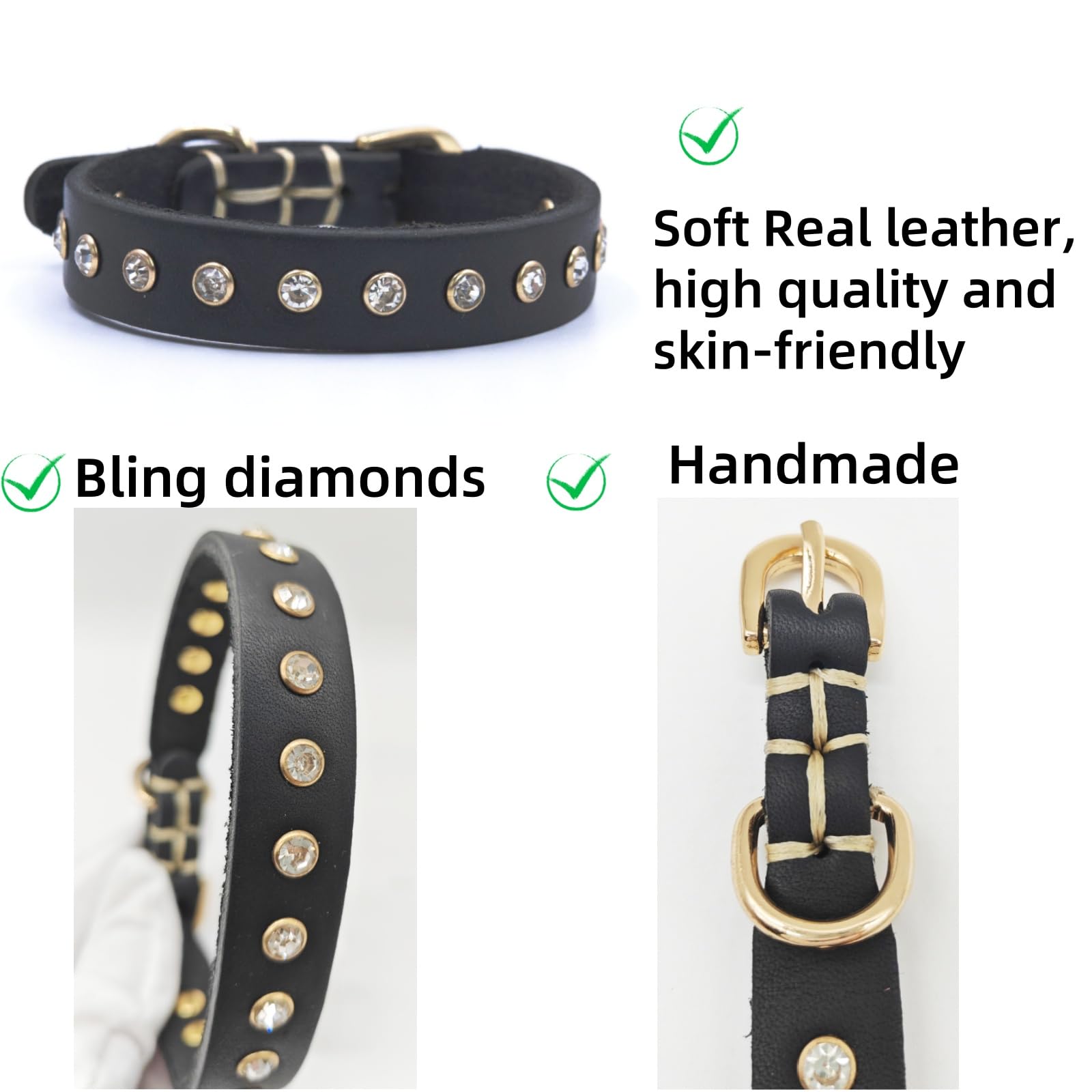 YUDOTE Genuine Classic Black Leather Dog Collar with Bling Rhinestones, Stylish Puppy Collars for Small Dogs - Image 2