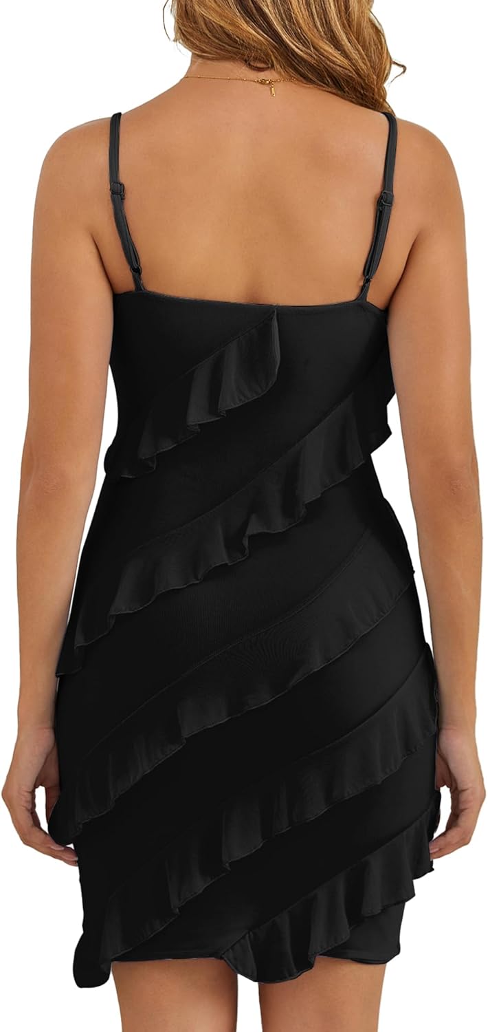 HOCILLE Women's Sexy Bodycon V Neck Sleeveless Spaghetti Strap Mesh Ruched Club Party Mini Short Dress - Image 2