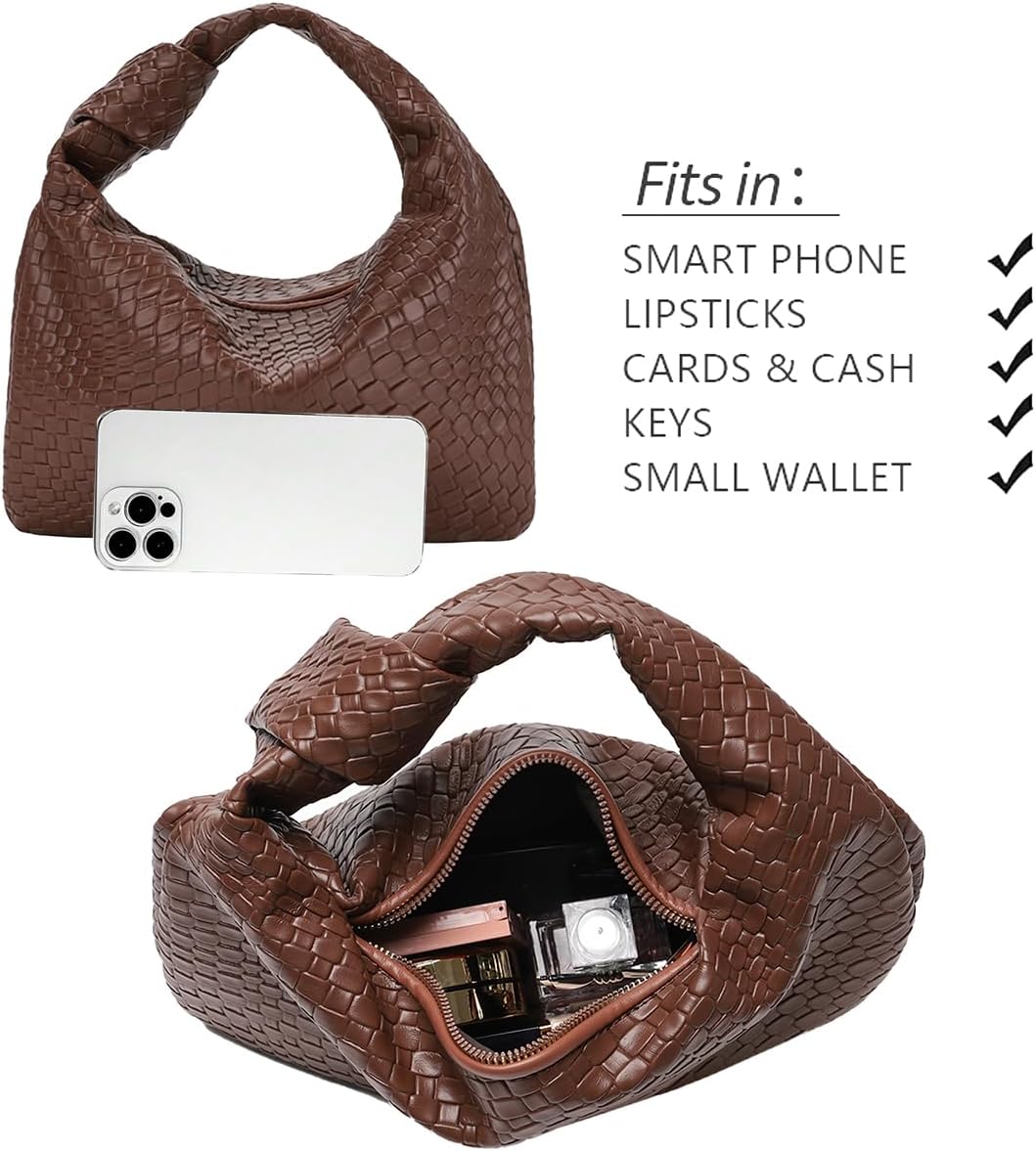 Women’s Woven Hobo Bag Faux Leather Zipper Handbag, Knot Strap Ruched Clutch Purse for Party Wedding Everyday Use - Image 4