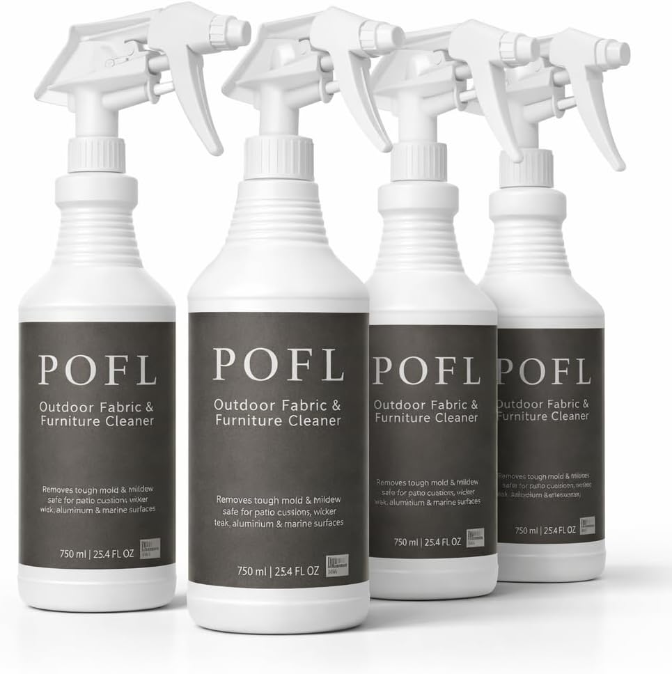 POFL Outdoor Fabric & Furniture Cleaner – Mold & Mildew Stain Remover for Patio Cushions, Sling Seating, Mesh, Canvas Awnings, Vinyl Fencing & Outdoor Surfaces – 25.36 fl oz (4 Pack)