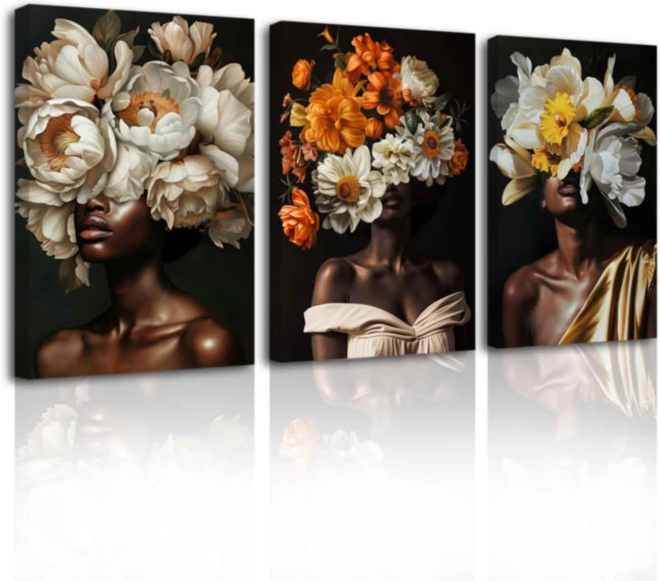 CHAOSETKEN African American Wall Art African Black Girl Canvas 3 Pieces Abstract Flower on Black Women Head Pictures Prints for Girl Room Bedroom Decor Framed (White, 16.00" x 24.00" x 3PCS)