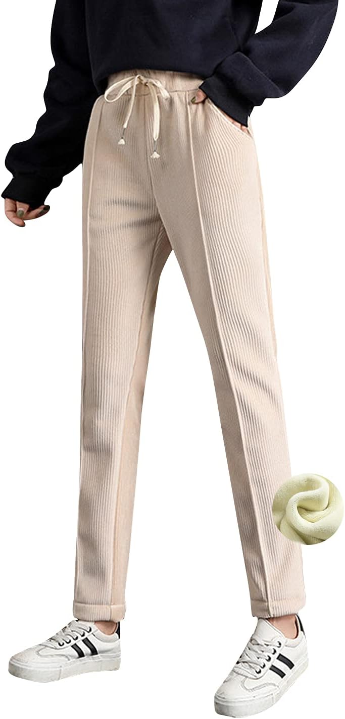 ZGZZ7 Women's Winter Warm Drawstring Straight Leg Thermal Corduroy Fleece Pants