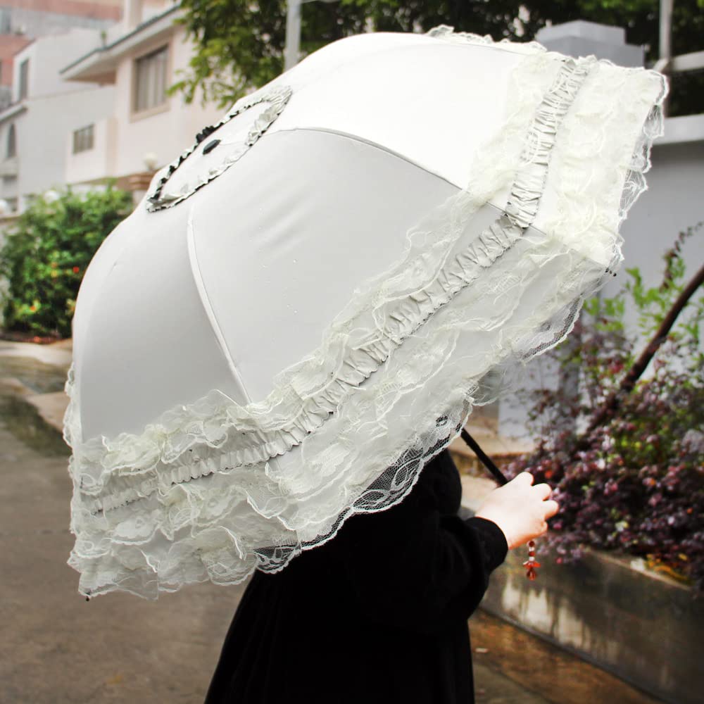 WANLIAN Parasol en Dentelle Pliable Parapluie de Voyage Résistant aux UV pour Femmes et Filles, Blanc