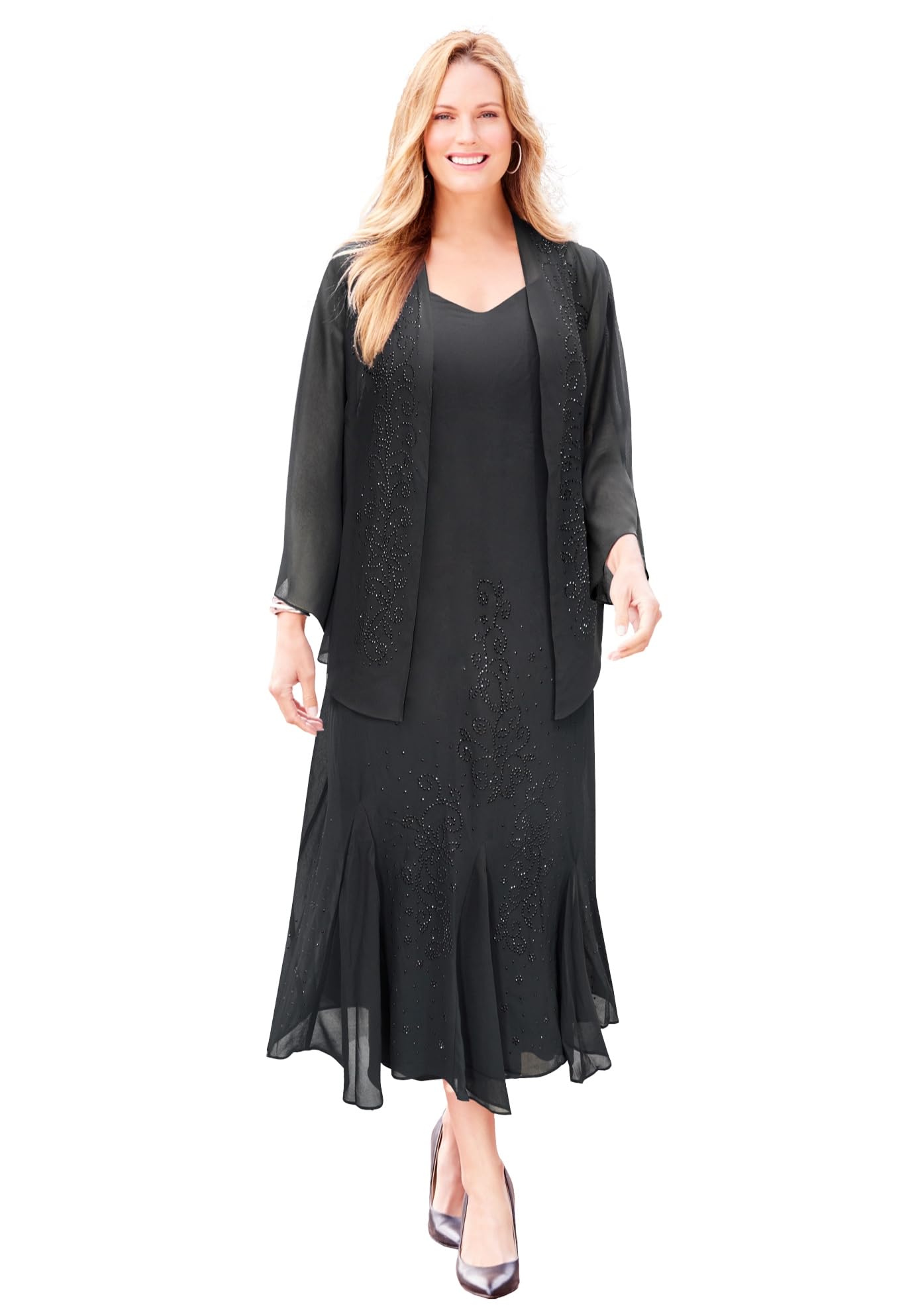 Catherines Women's Plus Size Masquerade Beaded Dress Set with Jacket (Petite Available) - 16 WP, Black at Amazon Women's Clothing store Catherines Women's Plus Size Masquerade Beaded Dress Set with Jacket (Petite Available) - 16 WP, Black at Amazon Women's Clothing store