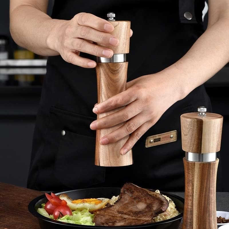 6/8/10 Inch Wooden Pepper Grinder Set with Wood Holder Manual Salt and Pepper Mills Spice Shaker Grinder Kitchen BBQ Tools (Size : Small)