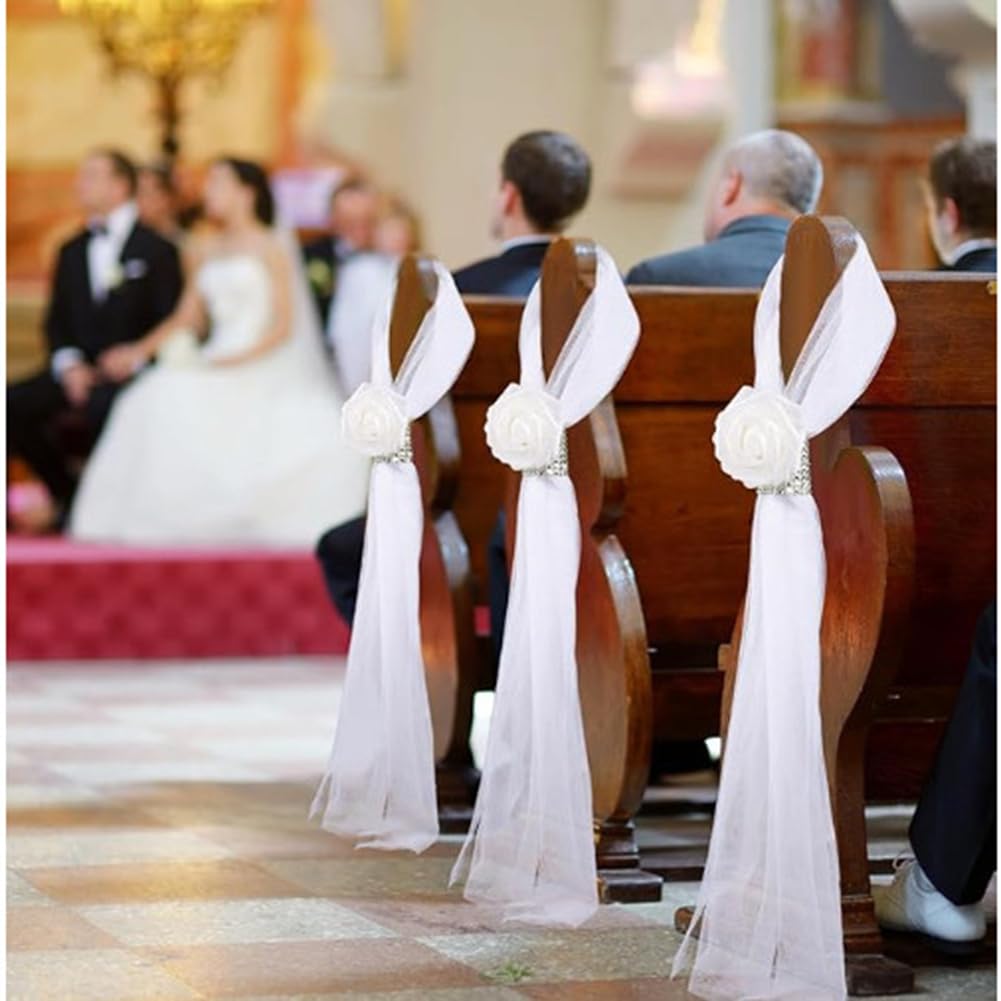 20 Stück Weiß Tüll Stuhlschleifen mit Strass Ring Künstliche Rose Elegante Schleife Kirchenbank Hochzeitsgang Deko Kirche Stuhl-Schärpen für Kirche Bankett Hochzeitsstuhl Gangstuhl Gang