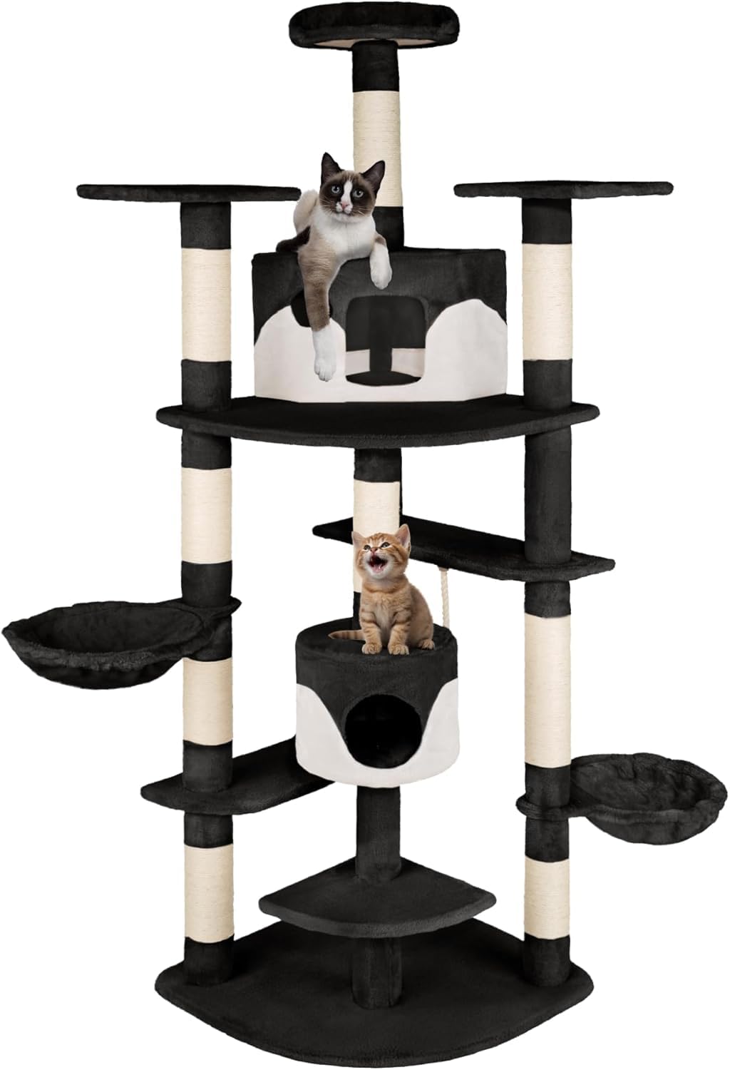 tectake® Tiragraffi per Gatti, Albero per Gatti con 2 Casette Bicolore, Tiragraffi Gatto con 2 Conche Orientabili, Albero Gatti con 3 Piattaforme, Cordicella Gioco Gatti, 204 cm - Nero/Bianco