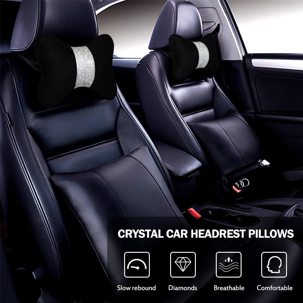 eing 2PCS Bling Car Seat Neck Rest Pillow Soft Plush Crystal Headrest Head Support Cushion Car Decor Accessories for Women,Universal Fit for Car Seat Headrest,Black
