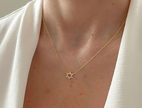 Miniatura 9 de LLWOM Collar de oro para mujer, collar de estrella de David con circonita cúbica chapada en oro de 14 quilates, collar contra el mal de ojo, collar