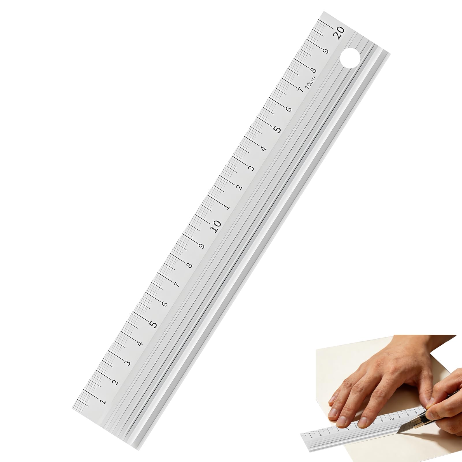 Haoxizi Silver-20Cm White Aluminium Cutting Ruler, With Raised Grip, Metal Safety Ruler, Multifunctional Precision Metal Safety Rulers, For Length Measurement (Silver-20Cm)