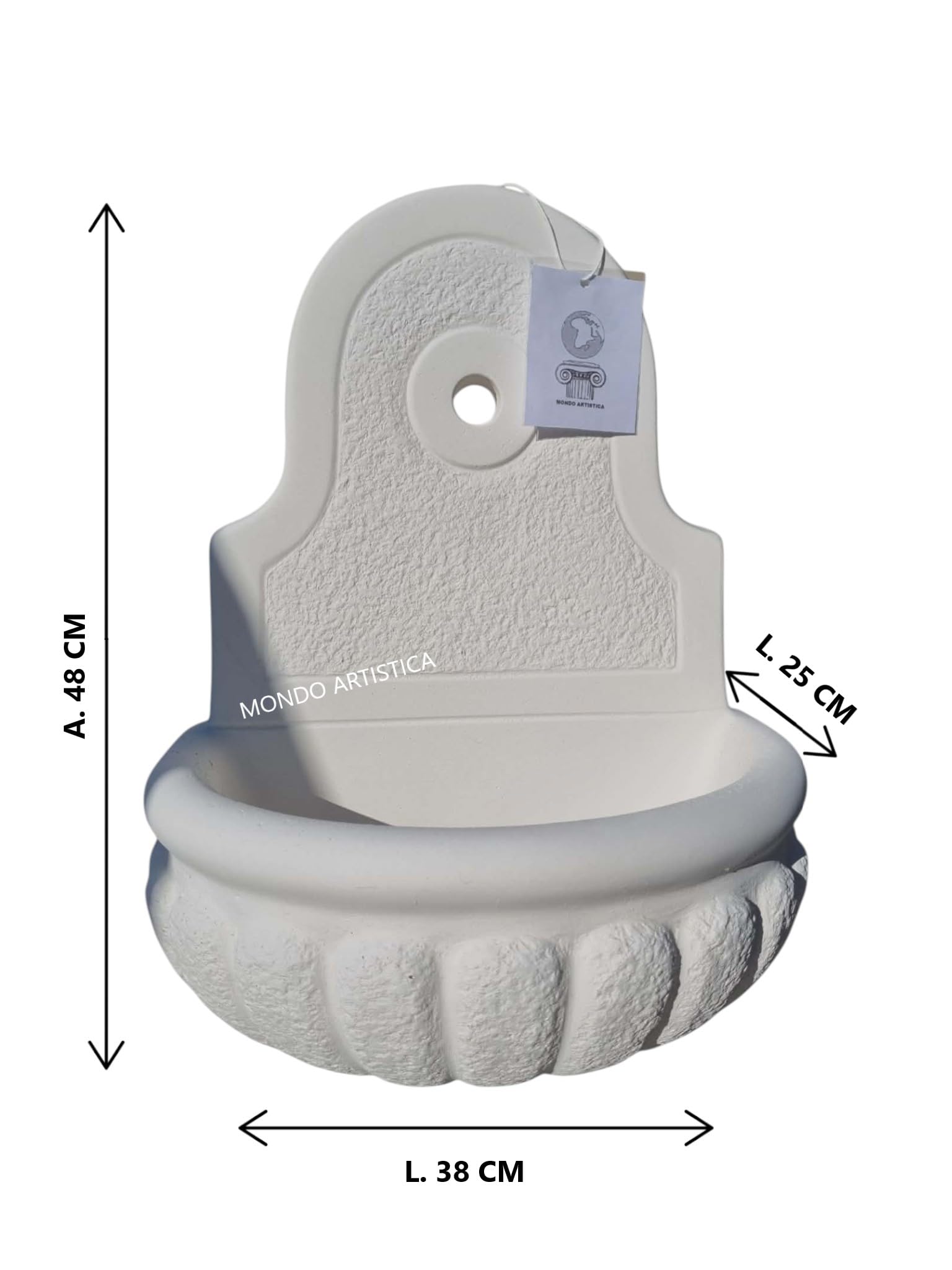 MONDO ARTISTICA Fontana da Parete Sospesa per Giardino, Cemento Bianco e Polvere di Marmo, Piccola, Per esterno altezza 48 cm