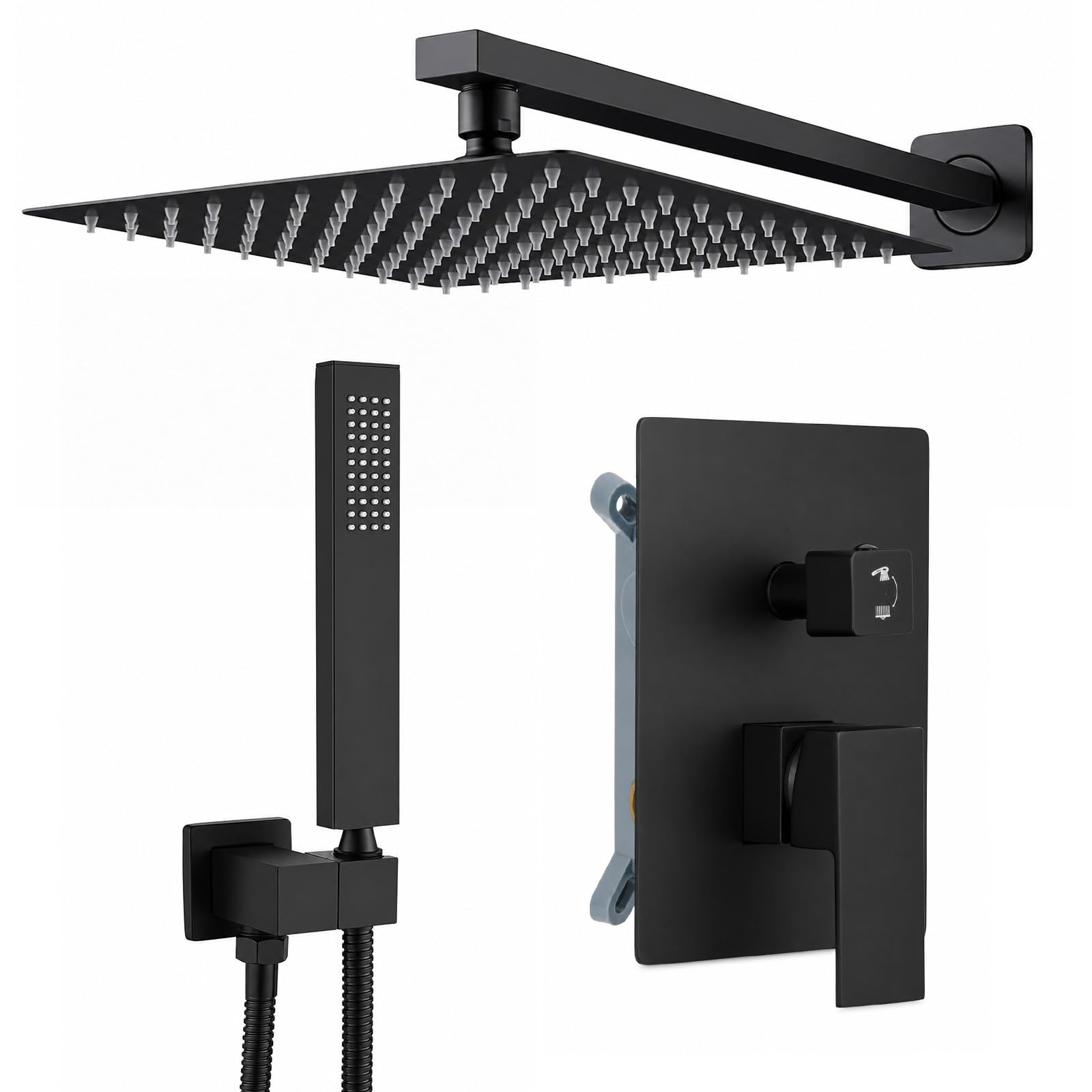 SUNNYNEST Concealed Shower Set Black, 2 Function Rainfall Shower System with Square Shower Head, Brass Single Lever Shower Mixer Valve, Stainless Steel Handheld Spray Head for UK Bathroom (Black)