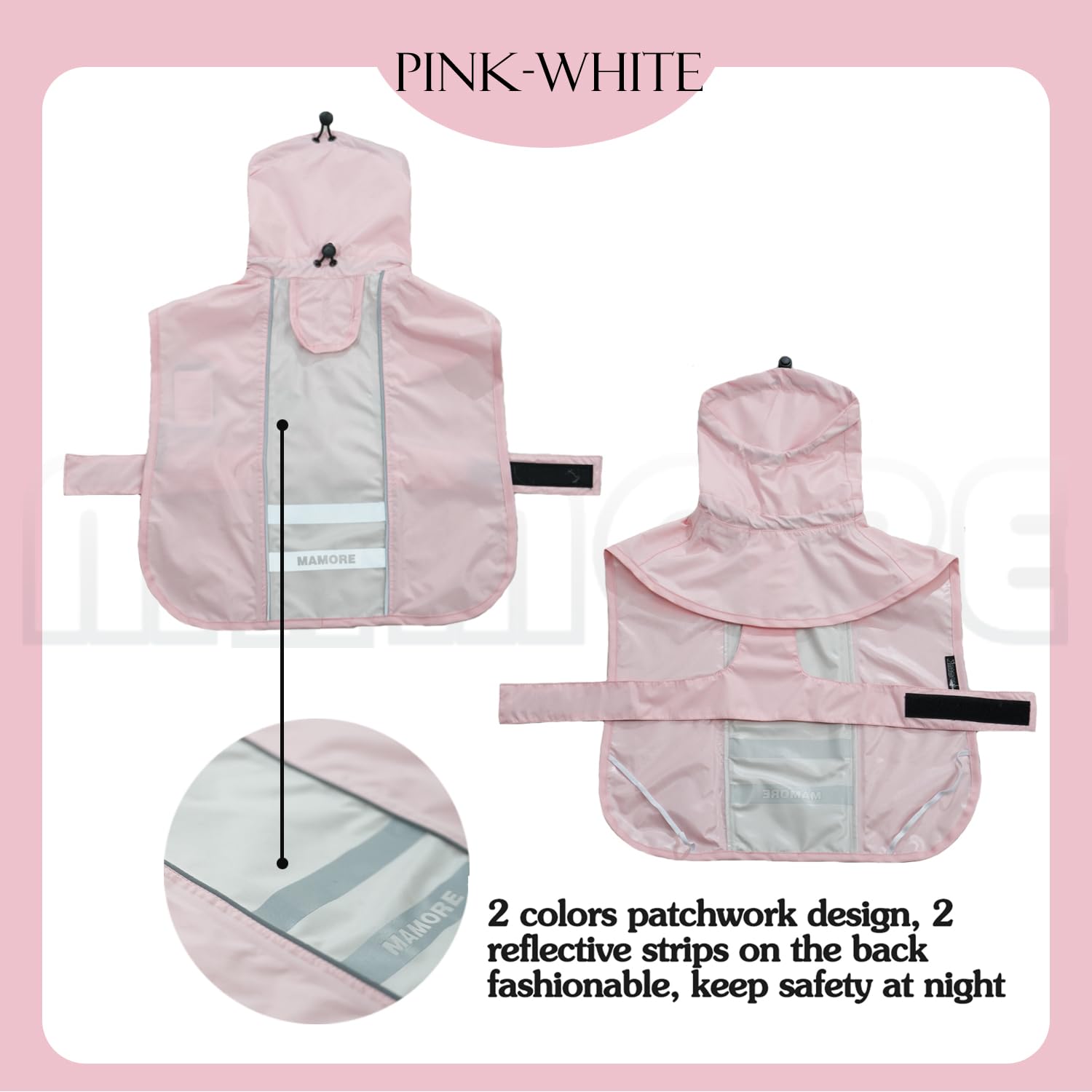 Waterproof Dog Raincoat with Reflective Strip, Adjustable Breathable Rain Coat Jacket with Leash Hole for Dogs (Pink&White - Image 3