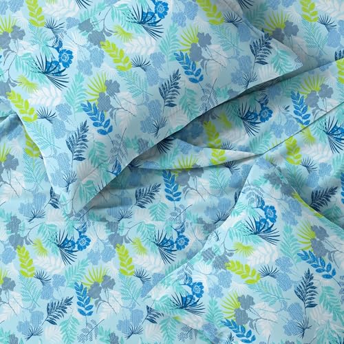 Image of LANE LINEN Symphony | 100% Cotton Sheet Set | Soft & Breathable Fabric | 3 Piece (1 Bedsheet + 2 Pillow Covers) | Double Bed Sheet Set - Pacific Blue Leaf Print