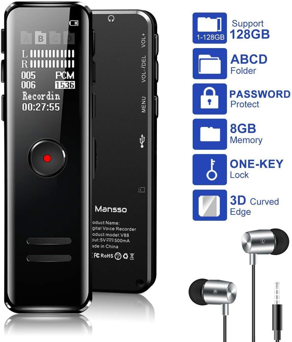 Digital Voice Recorder, USB Audio Dictaphone 8GB Rechargeable MP3 Player Support 1-128GB Expansion Music Dictation Machine Microphone Professional Pocket Recording Mac Compatible Lectures Meetings