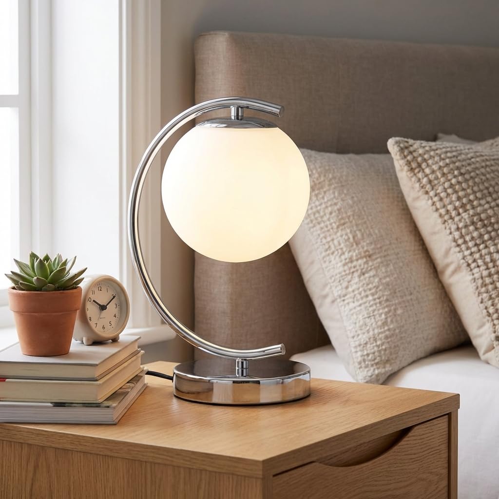BARCELONA LED Tischlampe SAN in Chrom mit Glaskugel aus Opalglas, Aluminium Metallstruktur, klassisch moderne Luxus Tischleuchte im Retro Design für Schlafzimmer, Wohnzimmer und Schreibtisch E27