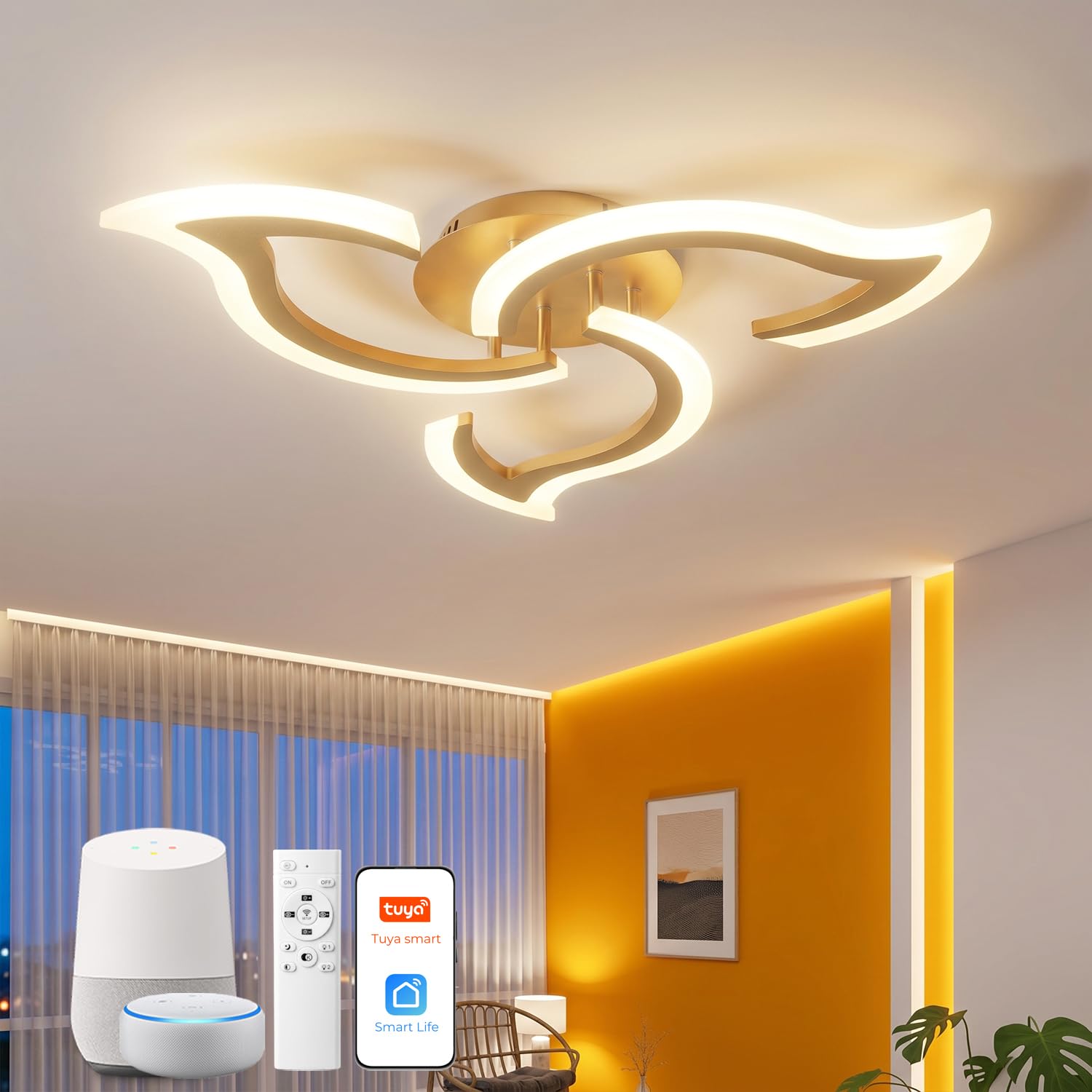 Smart Deckenlampe Alexa Kompatibel, LED Dimmbar mit App & Sprachsteuerung, Moderne Blumen Deckenleuchte mit Fernbedienung für Schlafzimmer, Küche, 2,4GHz WLAN, Gold
