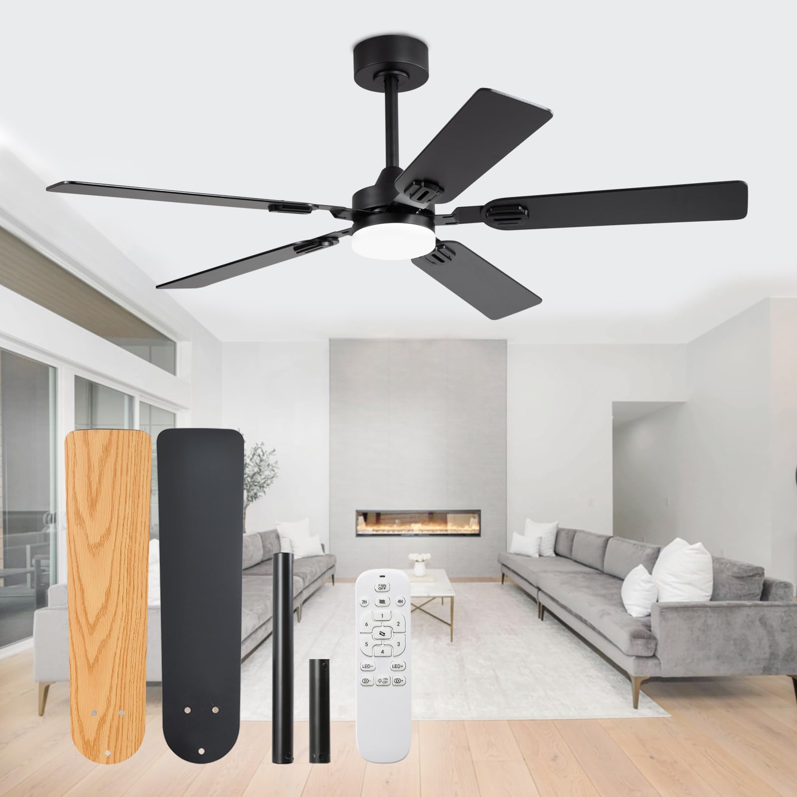 52" Ceiling Fans with Lights and Remote,5%-100% Stepless Dimming Reversible Black Ceiling Fan with Light,3000K-6500K Selectable Outdoor Ceiling Fan with Light for Bedroom Farmhouse