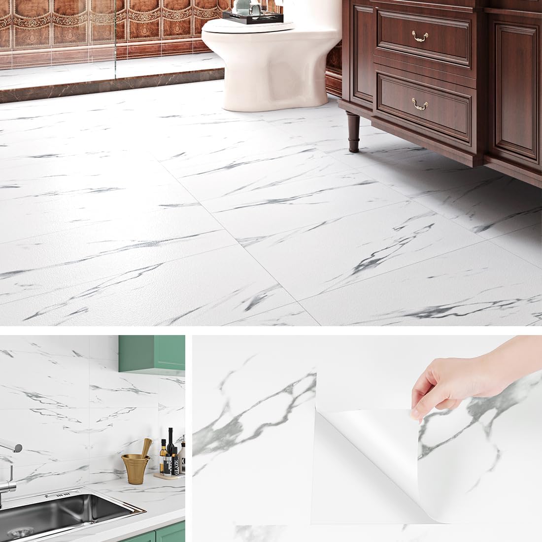 Livelynine Self Adhesive Tiles for Walls Kitchen Bathroom Washable Vinyl Floor Tiles Self Adhesive White Living Room Bedroom 60x30CM 12 Pcs Self Adhesive Backsplash Tiles Grey and White Sticky Tiles