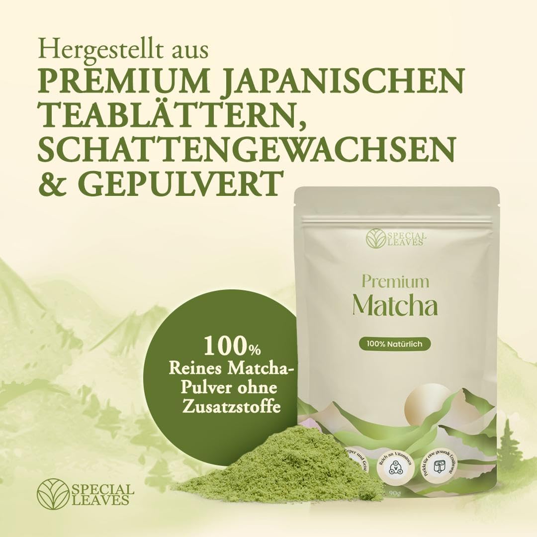 Matcha Pulver & Matcha Besen - 90g -100% Natürlich & Fein Gemahlen Tee und Bambus Besen mit 100 Borsten - Premium Zubehör von Special Leaves