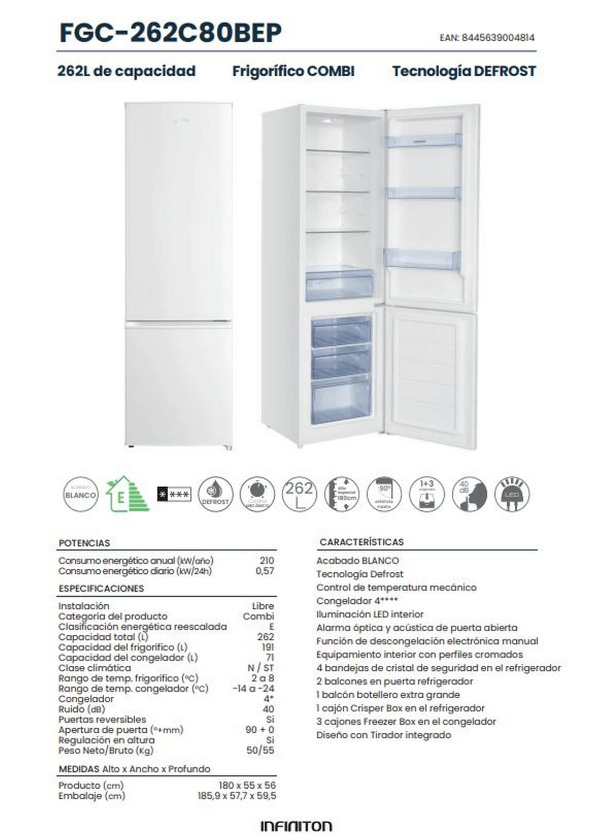 Frigorifico Combi INFINITON FGC-262C80, 180 cm, 262 Litros, E, Ciclico, Puerta Reversible, Control Mecánico (Blanco || FGC-262C80BEP)