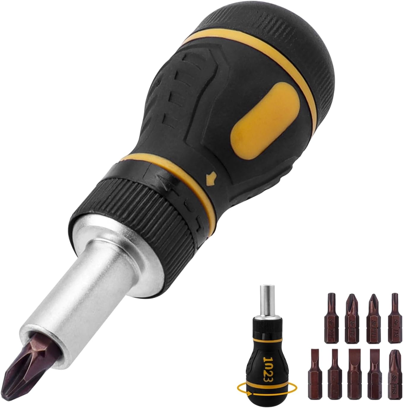 9 in 1 Stubby Ratcheting Screwdriver, Bestgle Mini Multi-Bit Magnetic Screwdriver Tool with Torx Security, Flat Head, Phillips and 1/4 Nut Driver